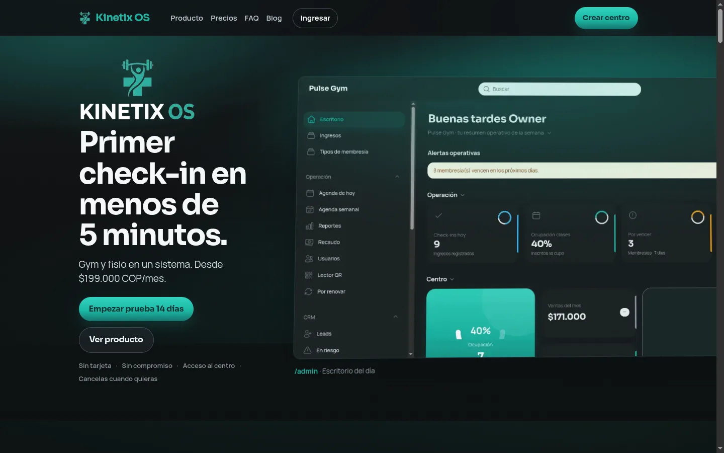 Landing y escritorio de Kinetix OS, software para gimnasio y fisioterapia.