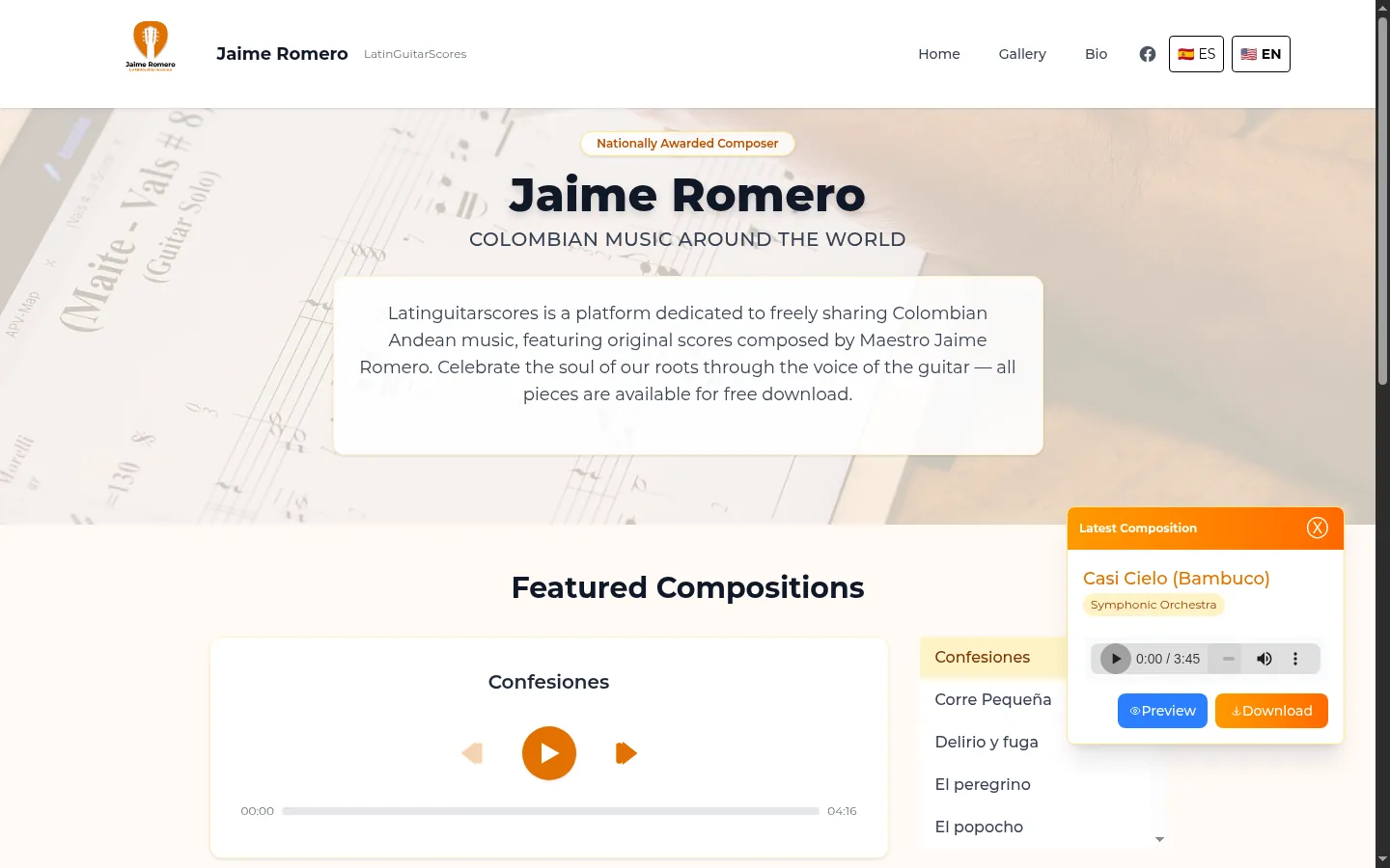 Inicio de Latin Guitar Scores con obras destacadas y reproductor de audio.